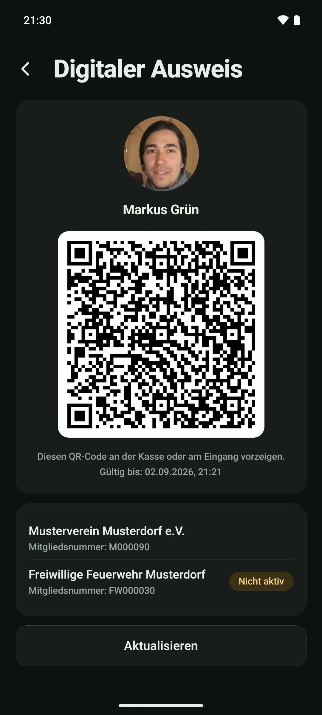 Digitaler Mitgliedsausweis in der App: Name, QR-Code zum Vorzeigen, Gültigkeitsdatum und darunter die Mitgliedsnummern zweier Vereine