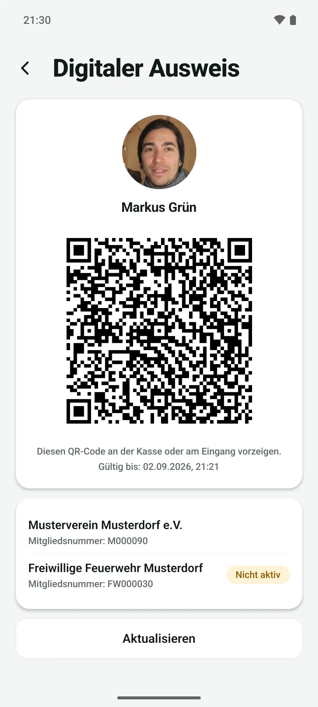Digitaler Mitgliedsausweis in der App: Name, QR-Code zum Vorzeigen, Gültigkeitsdatum und darunter die Mitgliedsnummern zweier Vereine