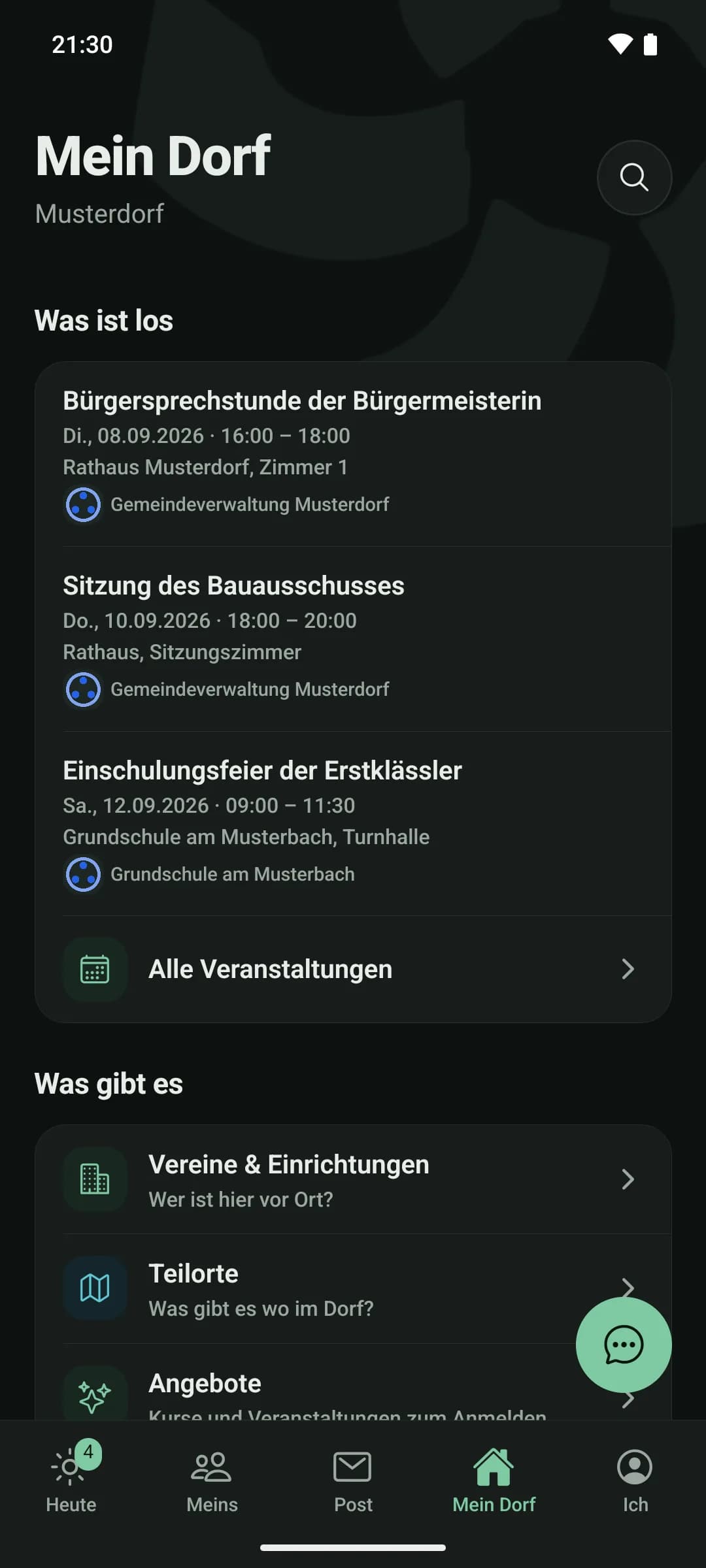 Ortsbildschirm „Mein Dorf": „Was ist los" mit den nächsten Veranstaltungen des Ortes, darunter Vereine und Einrichtungen, Teilorte und Angebote