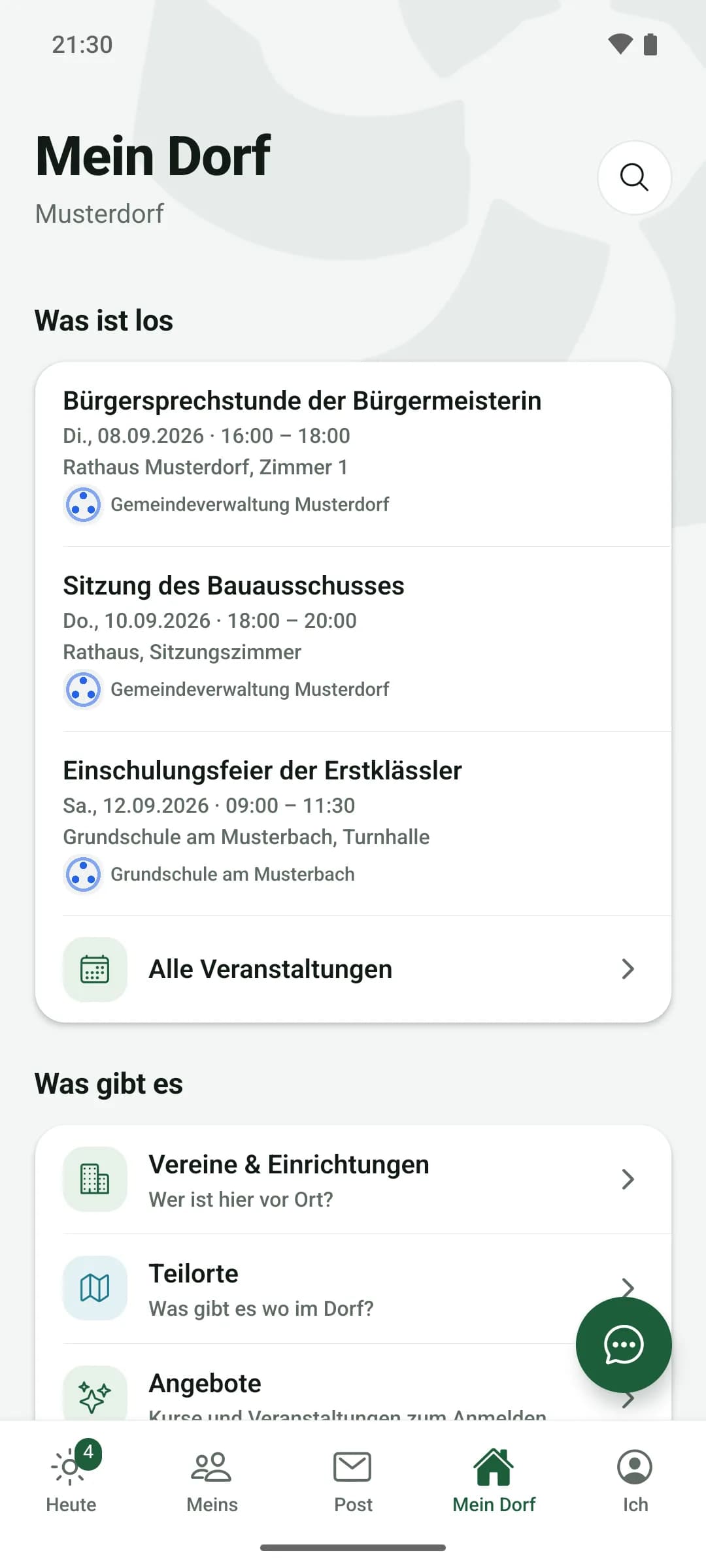 Ortsbildschirm „Mein Dorf": „Was ist los" mit den nächsten Veranstaltungen des Ortes, darunter Vereine und Einrichtungen, Teilorte und Angebote