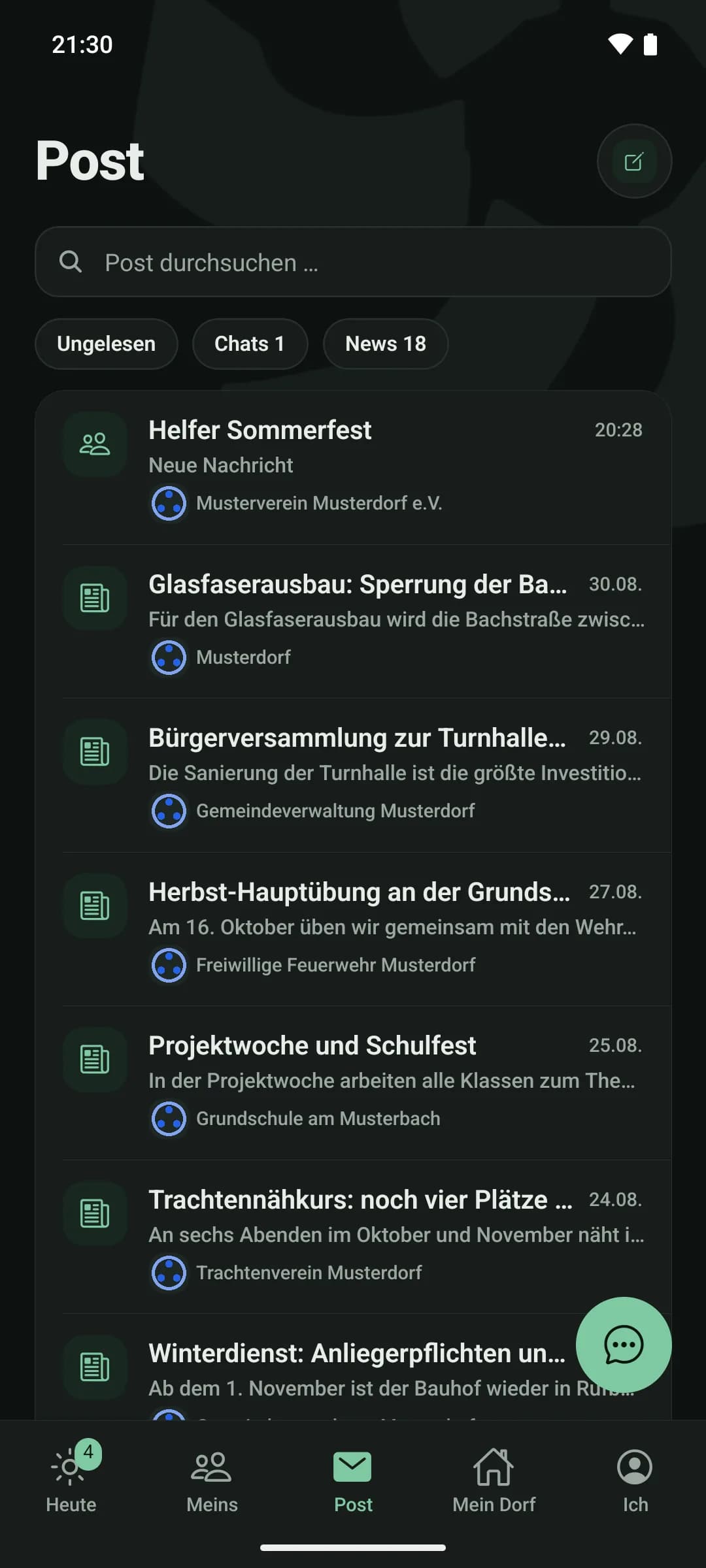 Posteingang der App mit Suchfeld, den Filtern Ungelesen, Chats und News sowie Meldungen von Gemeinde, Feuerwehr, Grundschule und Trachtenverein untereinander