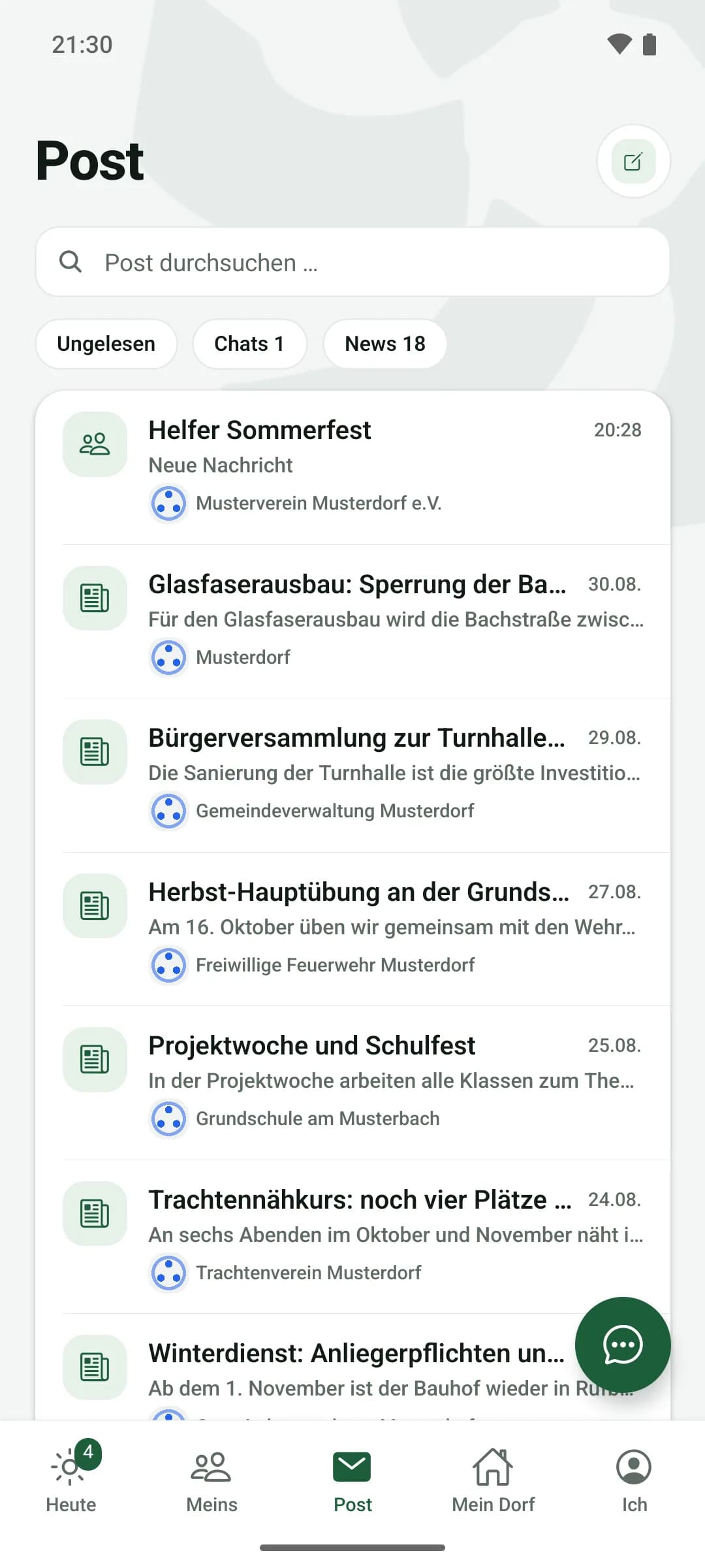 Posteingang der App mit Suchfeld, den Filtern Ungelesen, Chats und News sowie Meldungen von Gemeinde, Feuerwehr, Grundschule und Trachtenverein untereinander