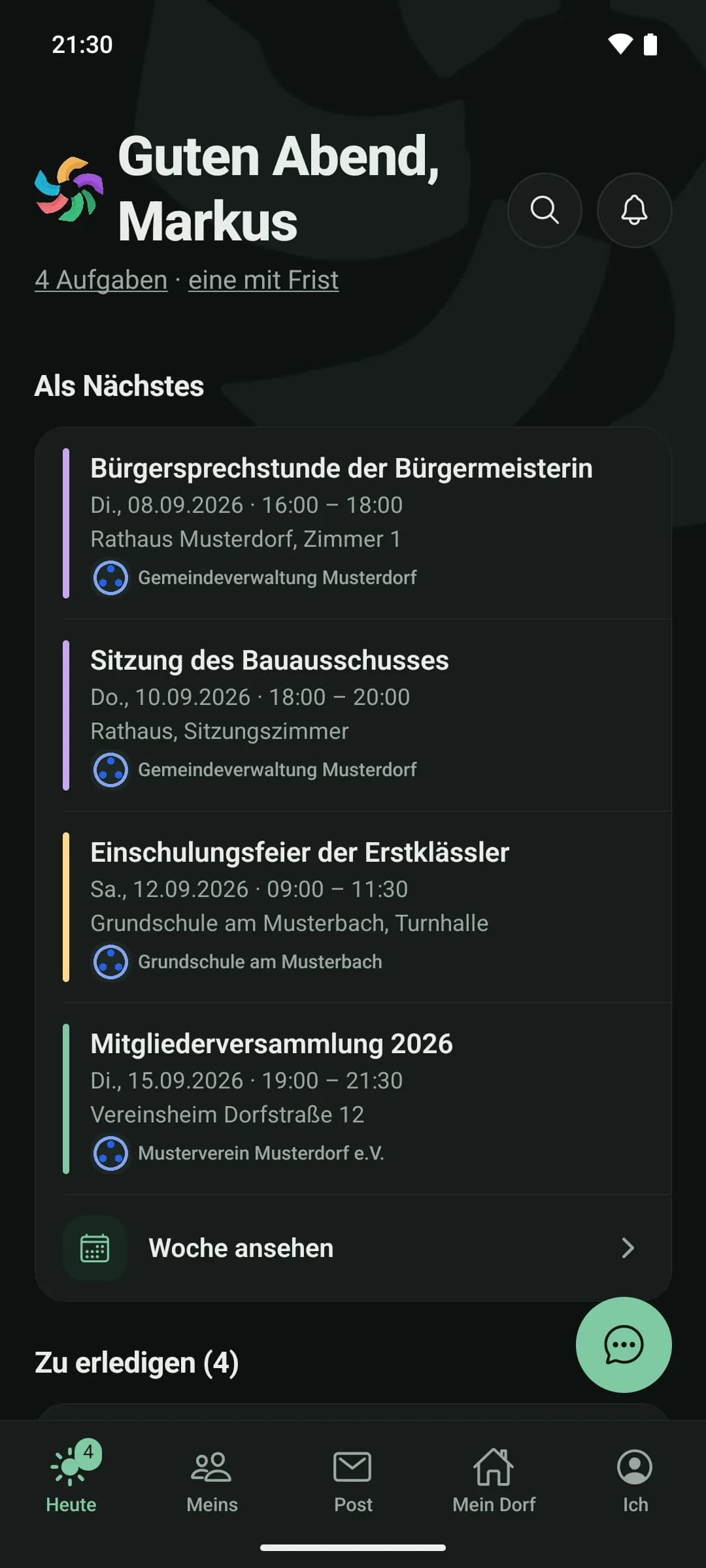 Startbildschirm der Comunitix-App: persönliche Begrüßung, vier offene Aufgaben und die nächsten Termine von Gemeinde, Schule und Verein untereinander
