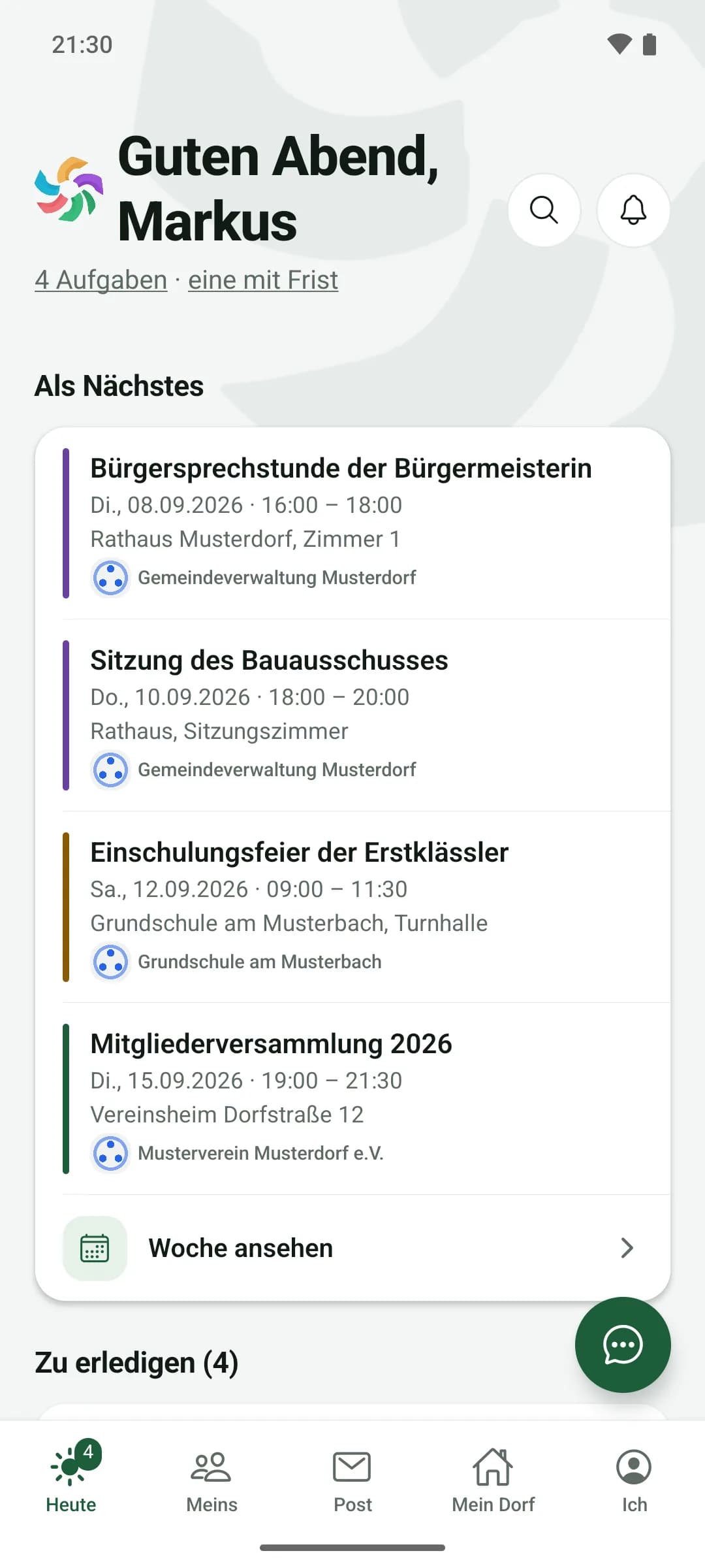 Startbildschirm der Comunitix-App: persönliche Begrüßung, vier offene Aufgaben und die nächsten Termine von Gemeinde, Schule und Verein untereinander