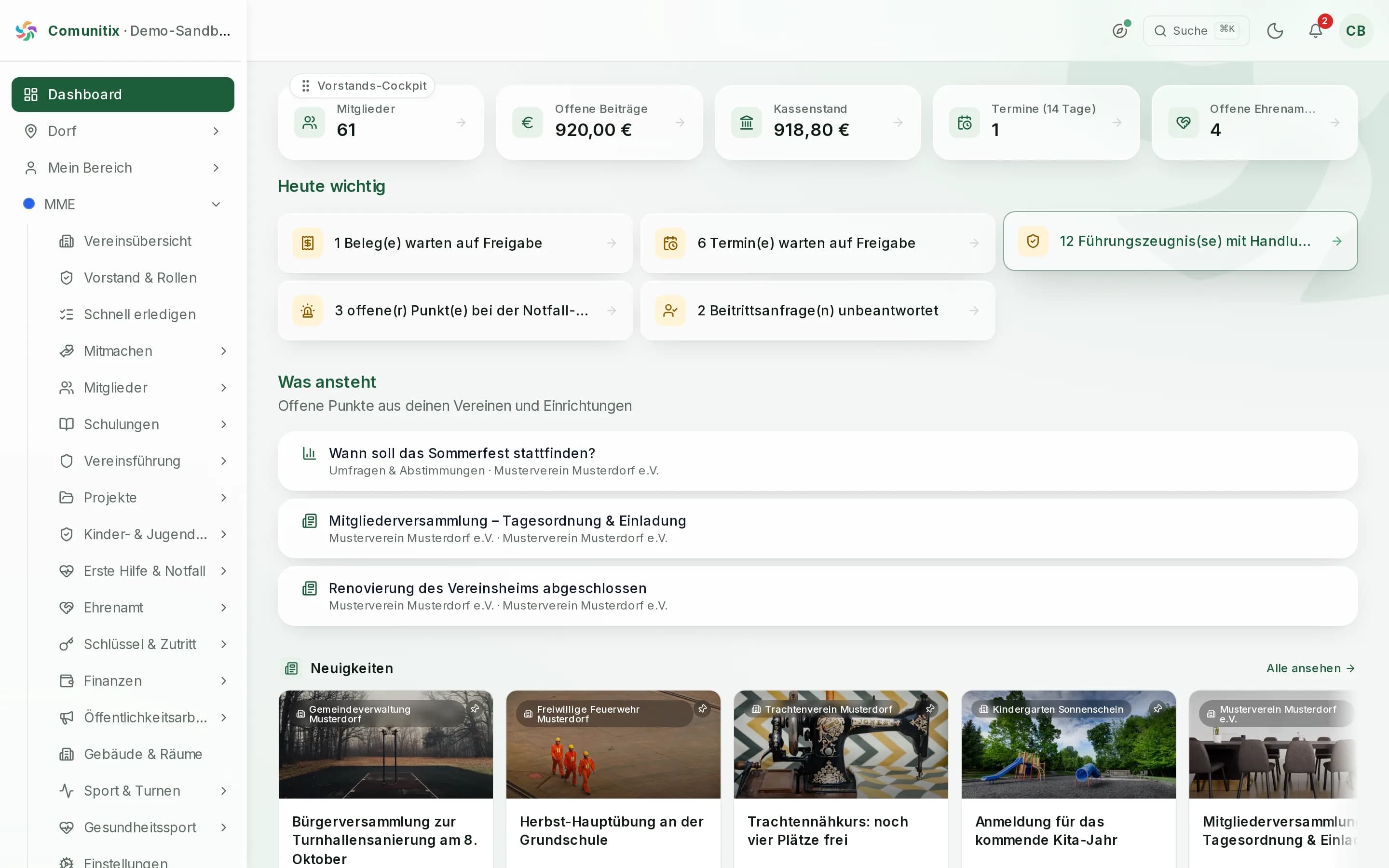 Startseite des Musterdorfs in der Live-Demo